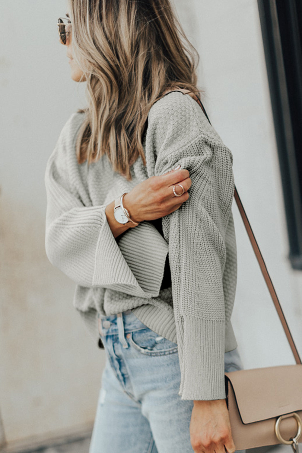 Textured Round Neck Long Sleeve Sweater - Charming Charlie