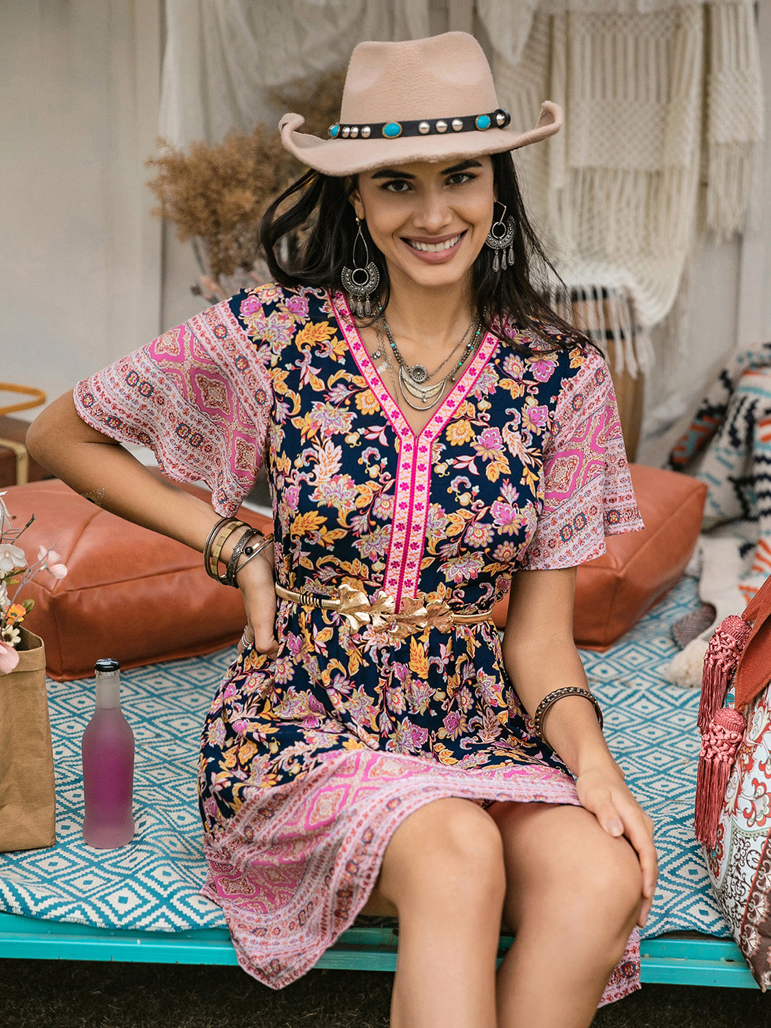 Printed V-Neck Short Sleeve Dress - Charming Charlie