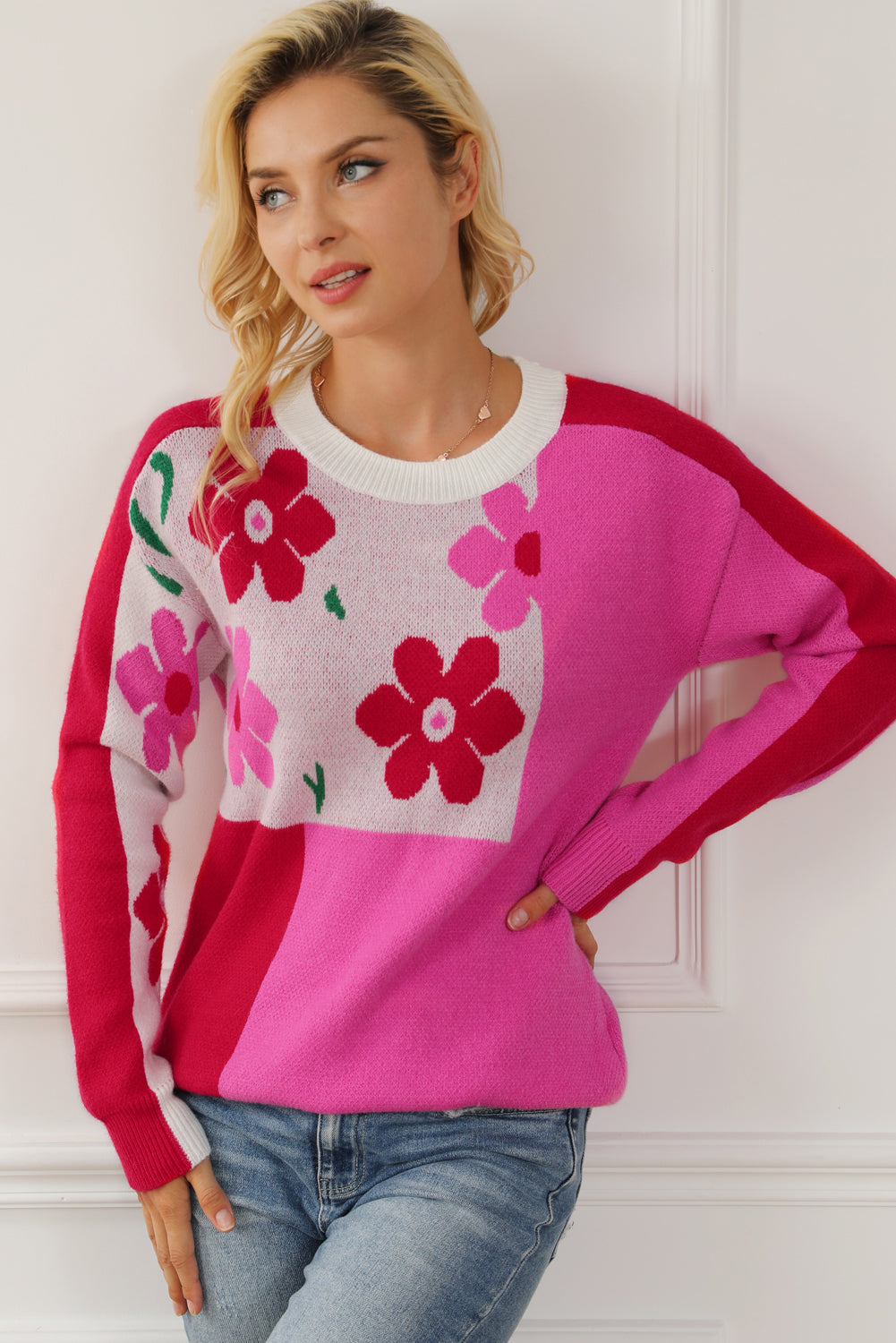 Flower Color Block Round Neck Sweater - Charming Charlie