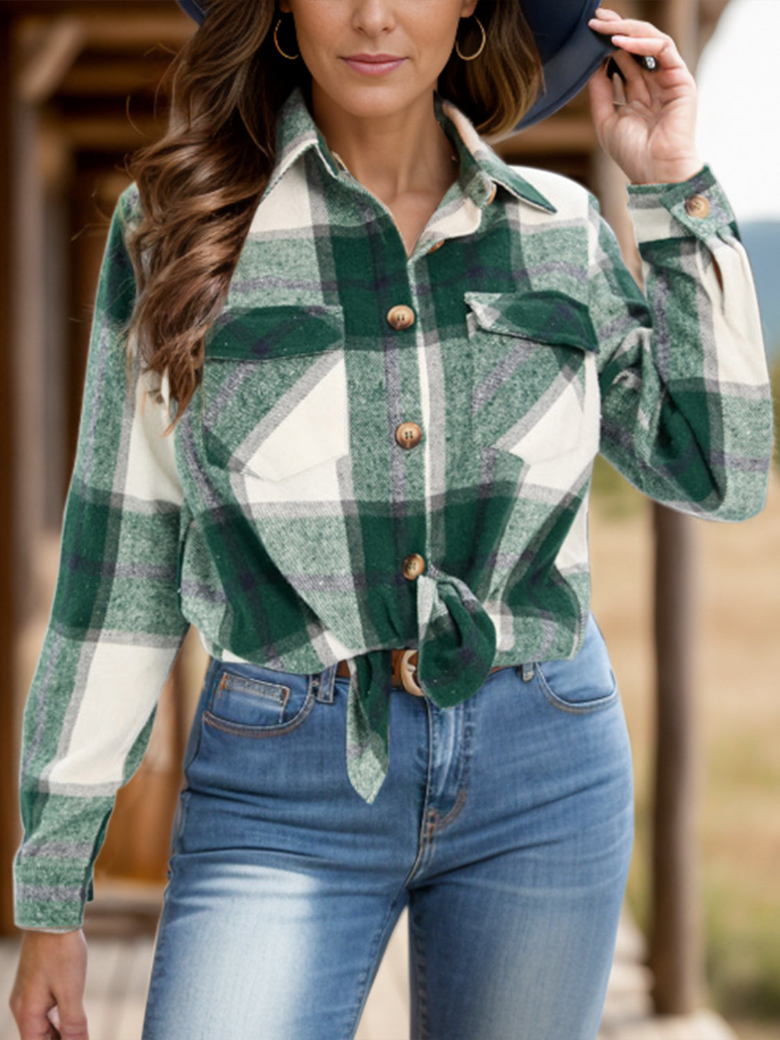 Full Size Pocketed Plaid Collared Neck Shacket - Charming Charlie