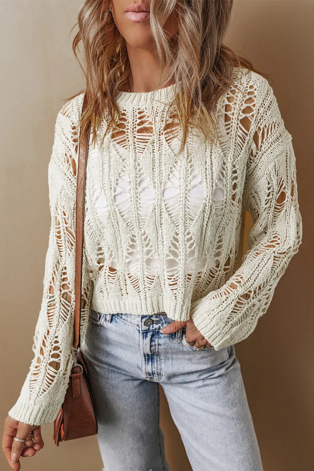 Cutout Round Neck Long Sleeve Knit Cover Up - Charming Charlie