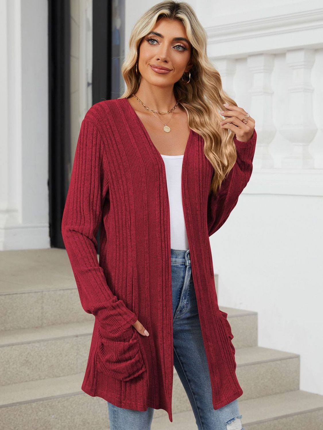 Pocketed Open Front Long Sleeve Cardigan - Charming Charlie