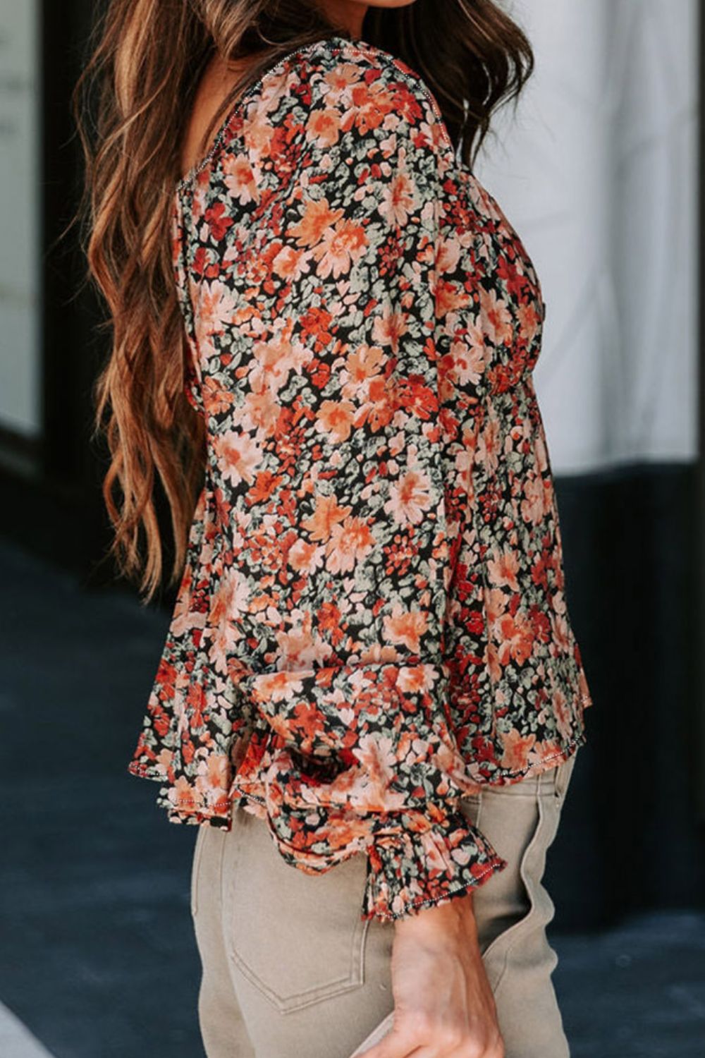 Peplum Tied Flora Long Sleeve Blouse - Charming Charlie