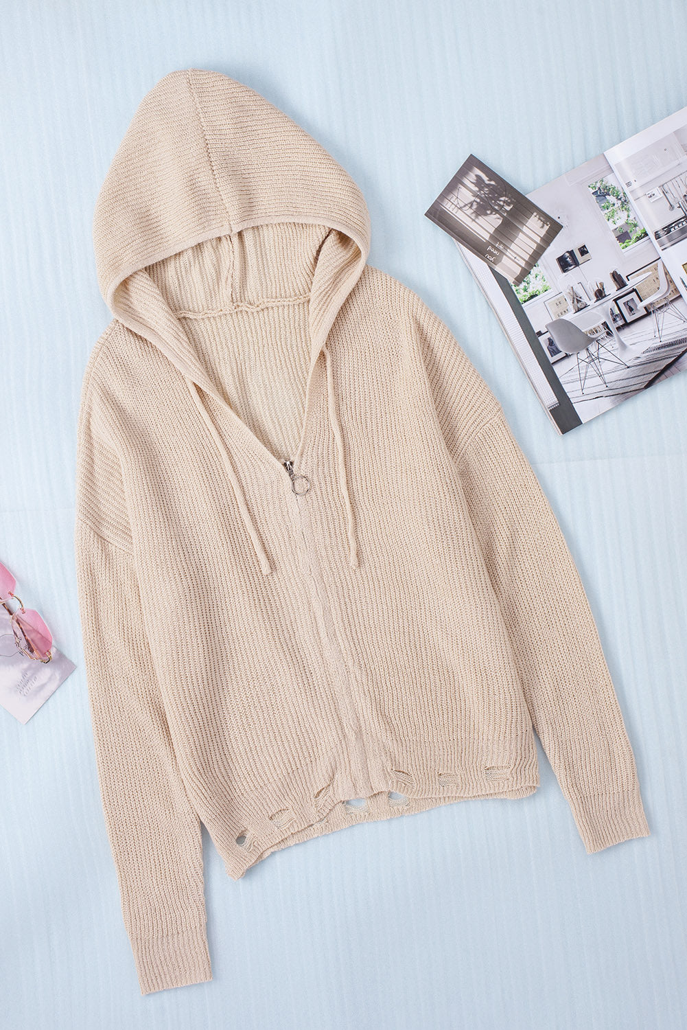 Distressed Zip Up Drawstring Hooded Cardigan - Charming Charlie