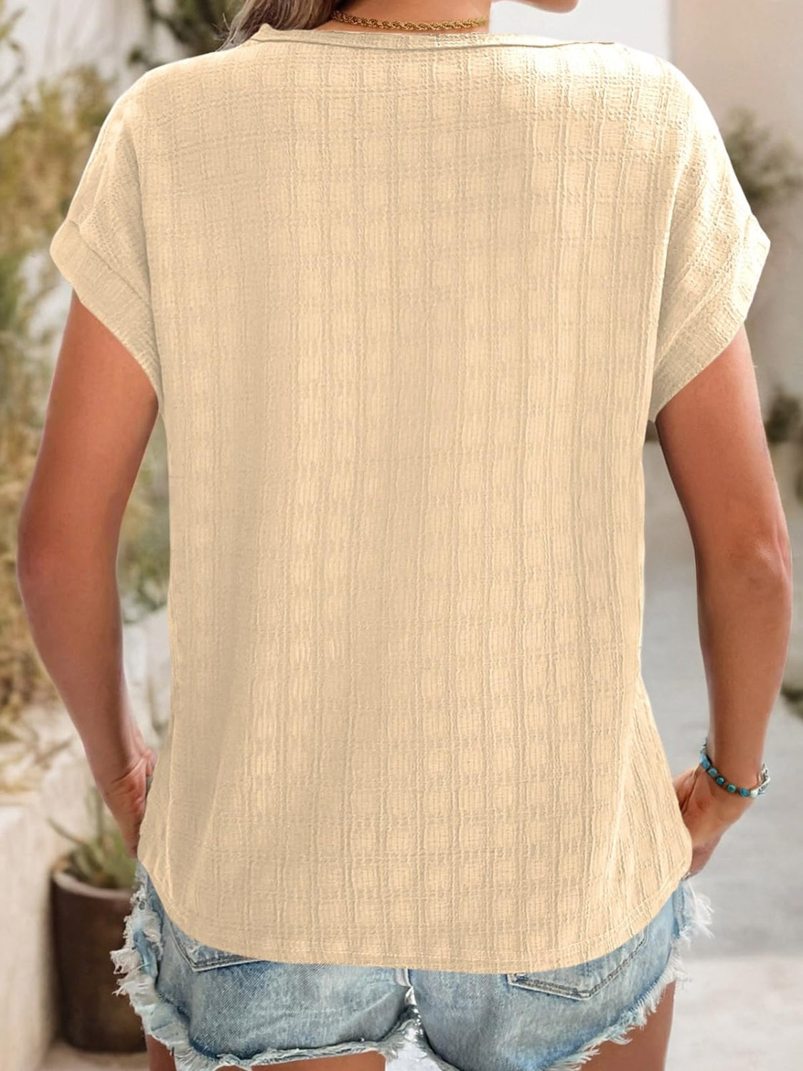 Textured Round Neck Short Sleeve Top - Charming Charlie