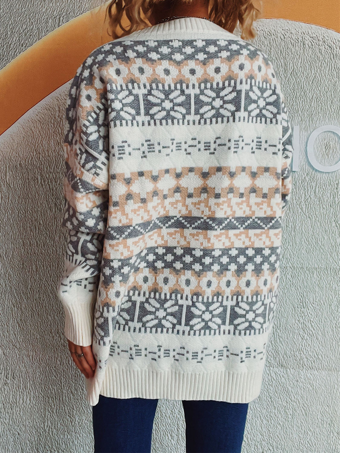 Geometric Round Neck Dropped Shoulder Sweater - Charming Charlie