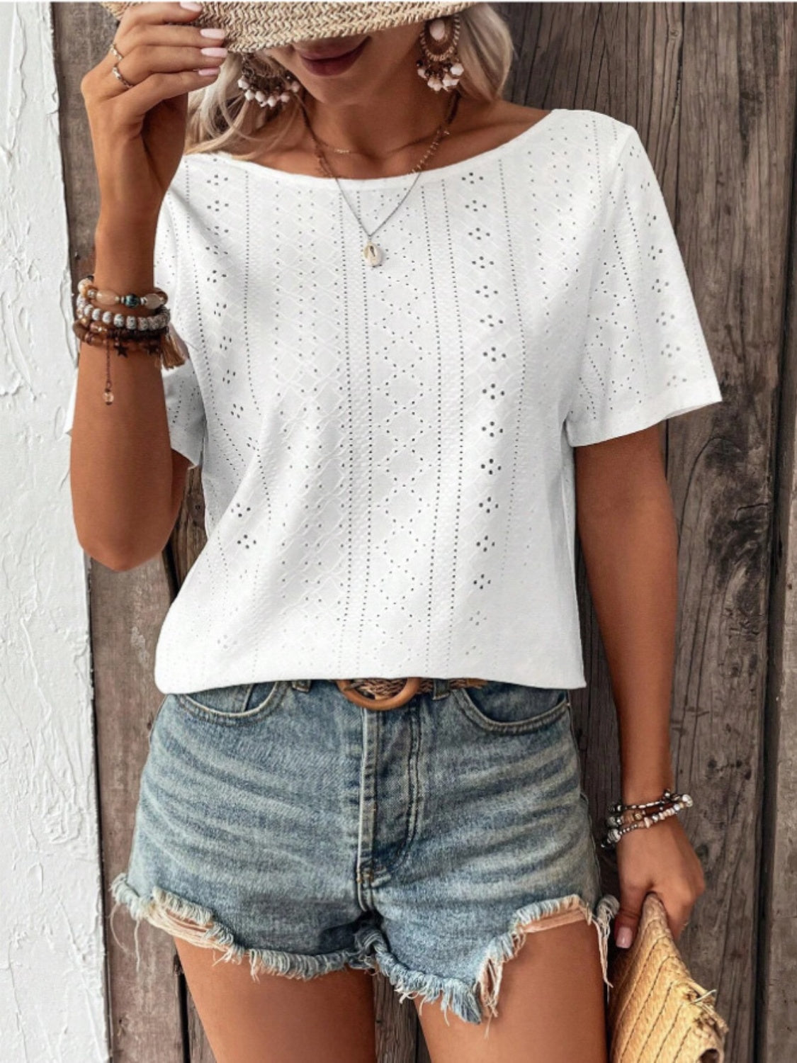 Lace Detail Eyelet Short Sleeve Blouse - Charming Charlie