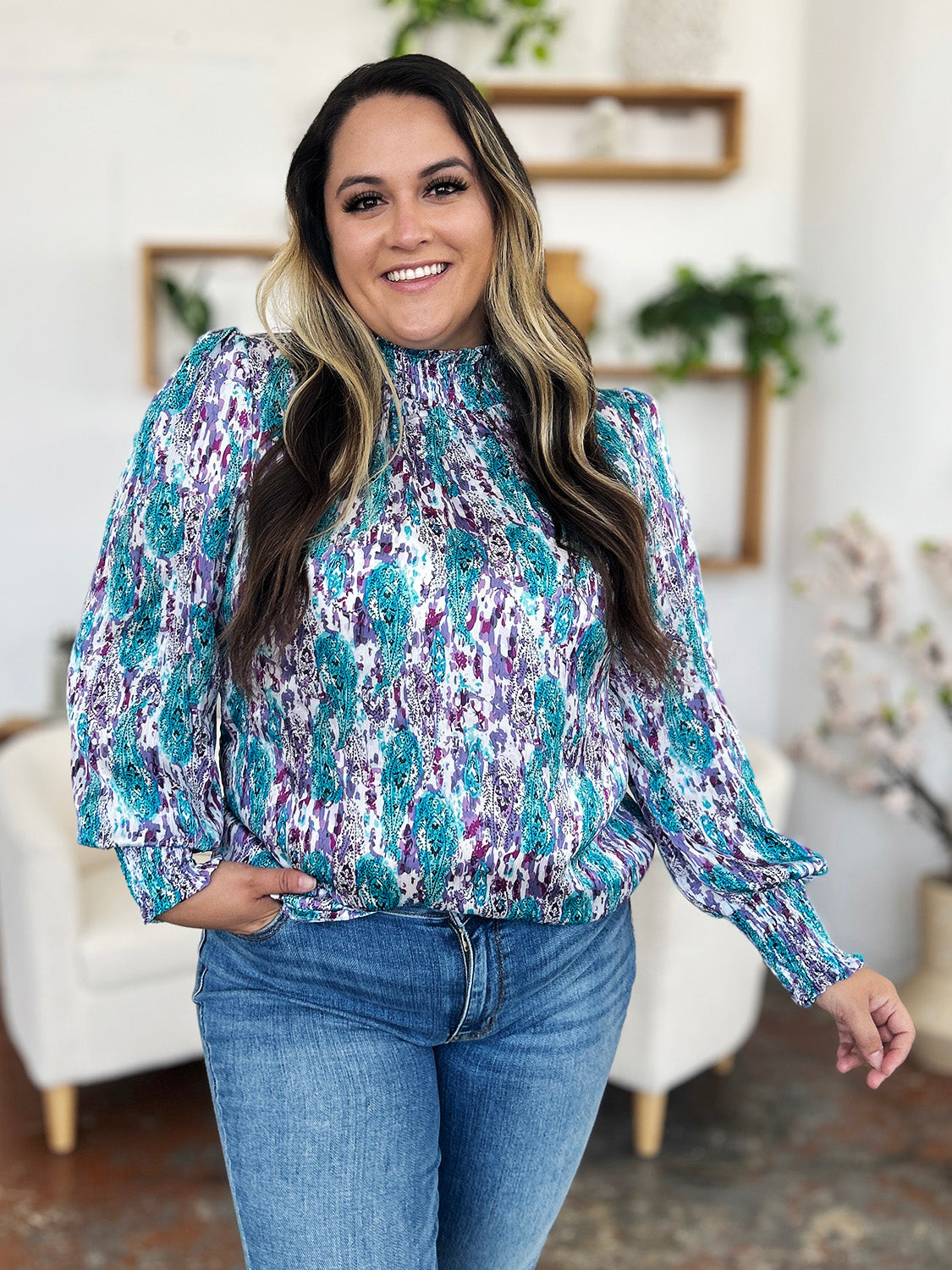 Double Take Full Size Printed Smocked Long Sleeve Blouse - Charming Charlie