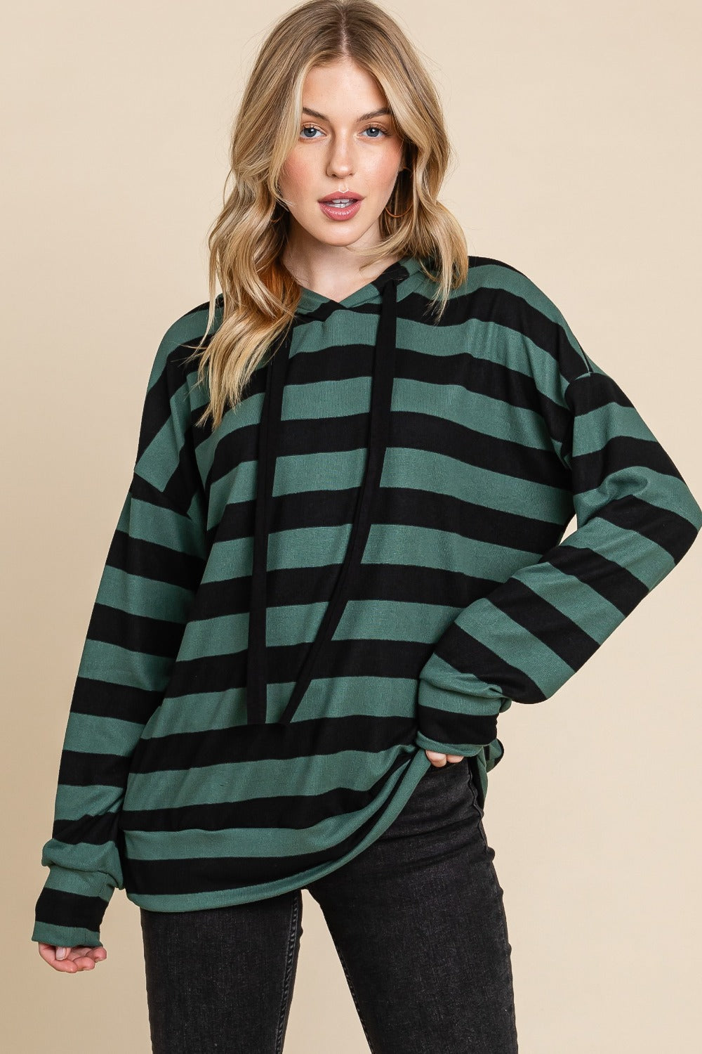 BOMBOM Drawstring Striped Dropped Shoulder Hoodie - Charming Charlie