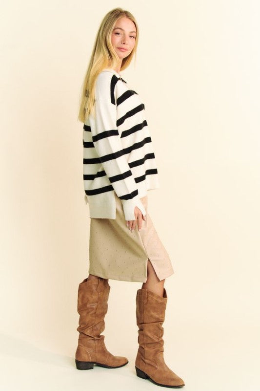 Davi & Dani High-Low Side Slit Striped Johnny Collar Sweater - Charming Charlie