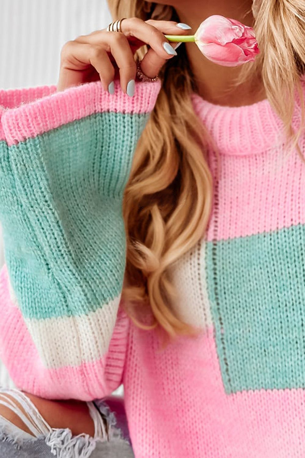 Color Block Round Neck Drop Shoulder Sweater - Charming Charlie