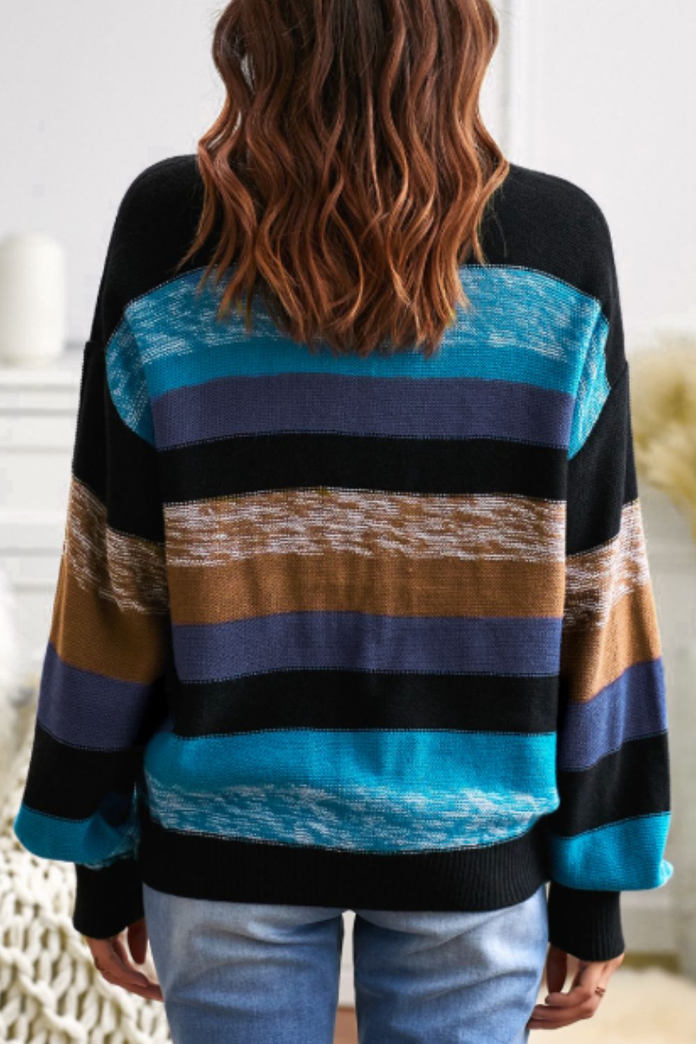 Contrast Striped Round Neck Drop Shoulder Sweater - Charming Charlie