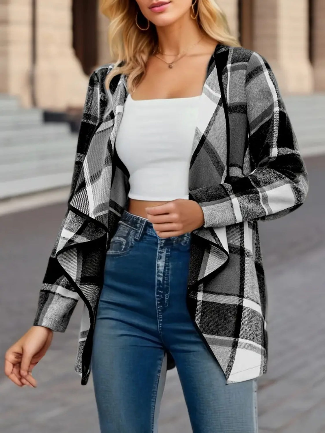 Plaid Open Front Long Sleeve Jacket - Charming Charlie
