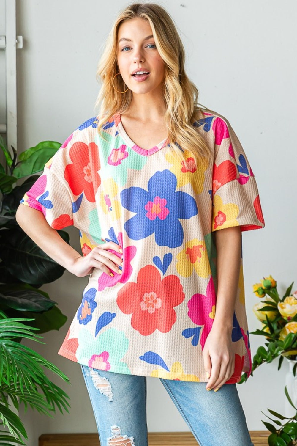 HOPELY Full Size Floral V-Neck Side Slit T-Shirt - Charming Charlie