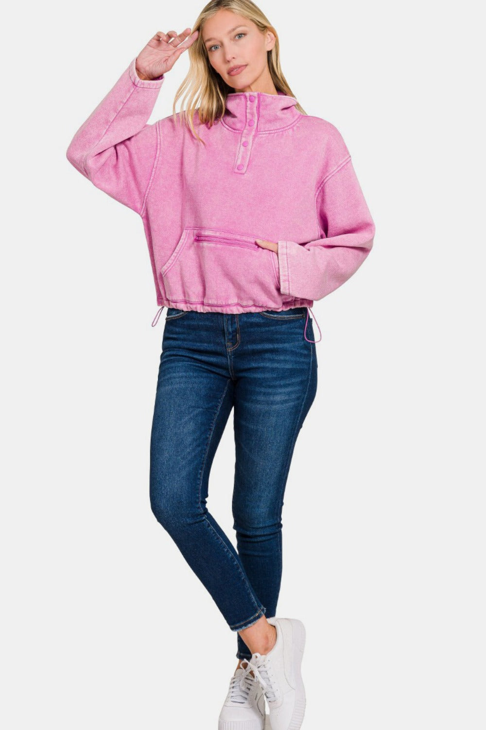 Zenana Acid Wash Fleece Half Snap Sweatshirt with Pocket - Charming Charlie