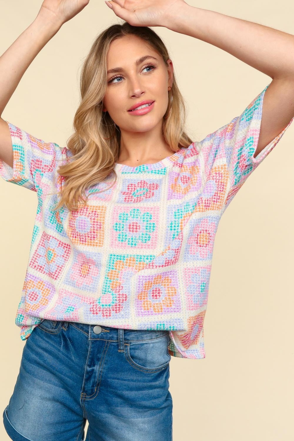 Haptics Flower Print Round Neck Short Sleeve T-Shirt - Charming Charlie