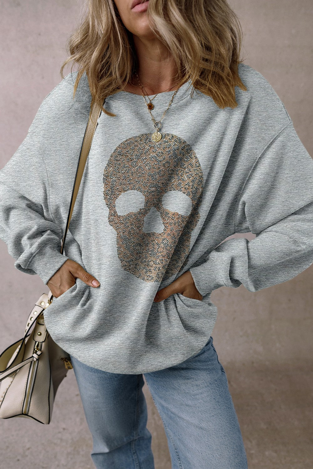 Skull Round Neck Long Sleeve Sweatshirt - Charming Charlie
