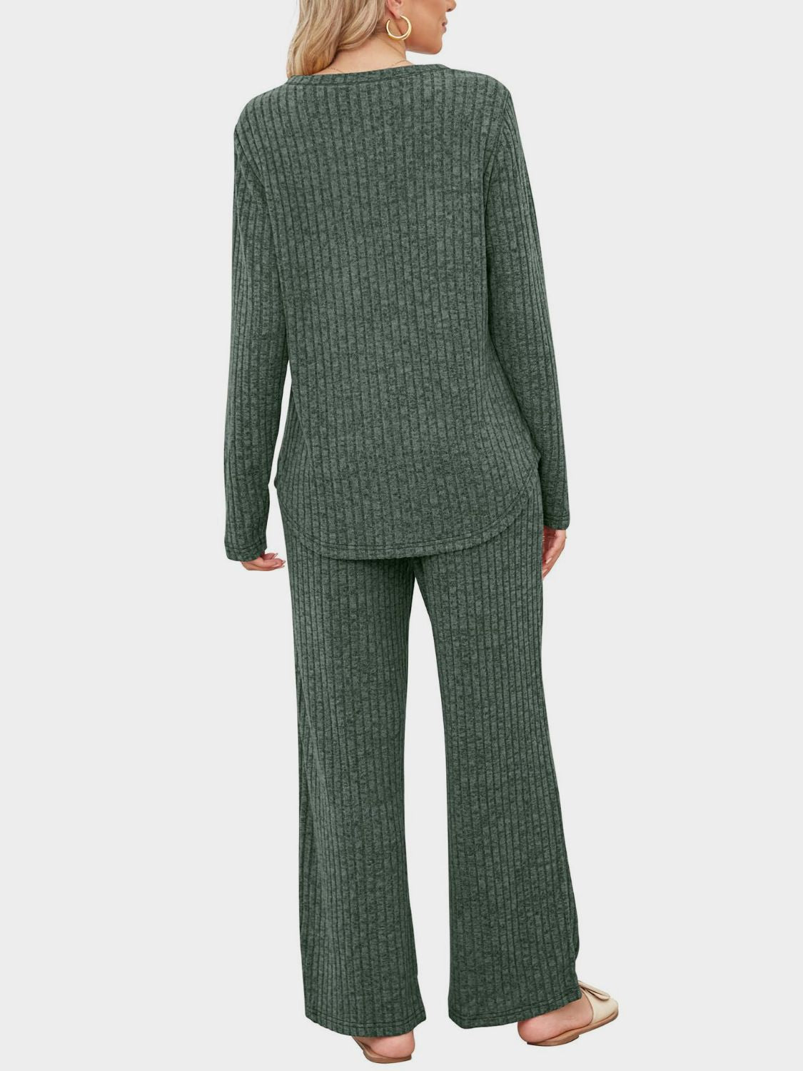 Round Neck Long Sleeve Top and Pants Set - Charming Charlie