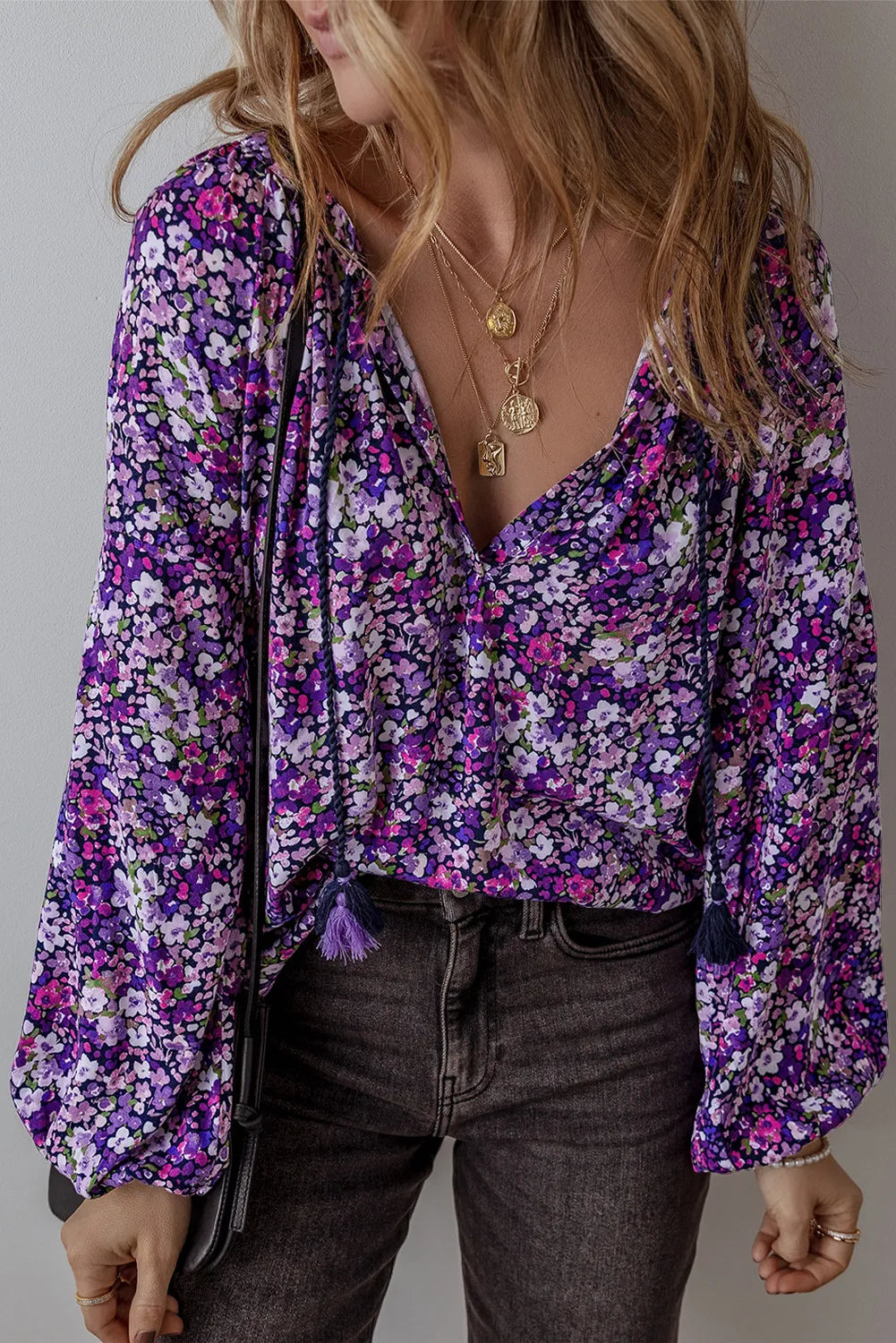 Floral Tie Neck Long Sleeve Blouse - Charming Charlie
