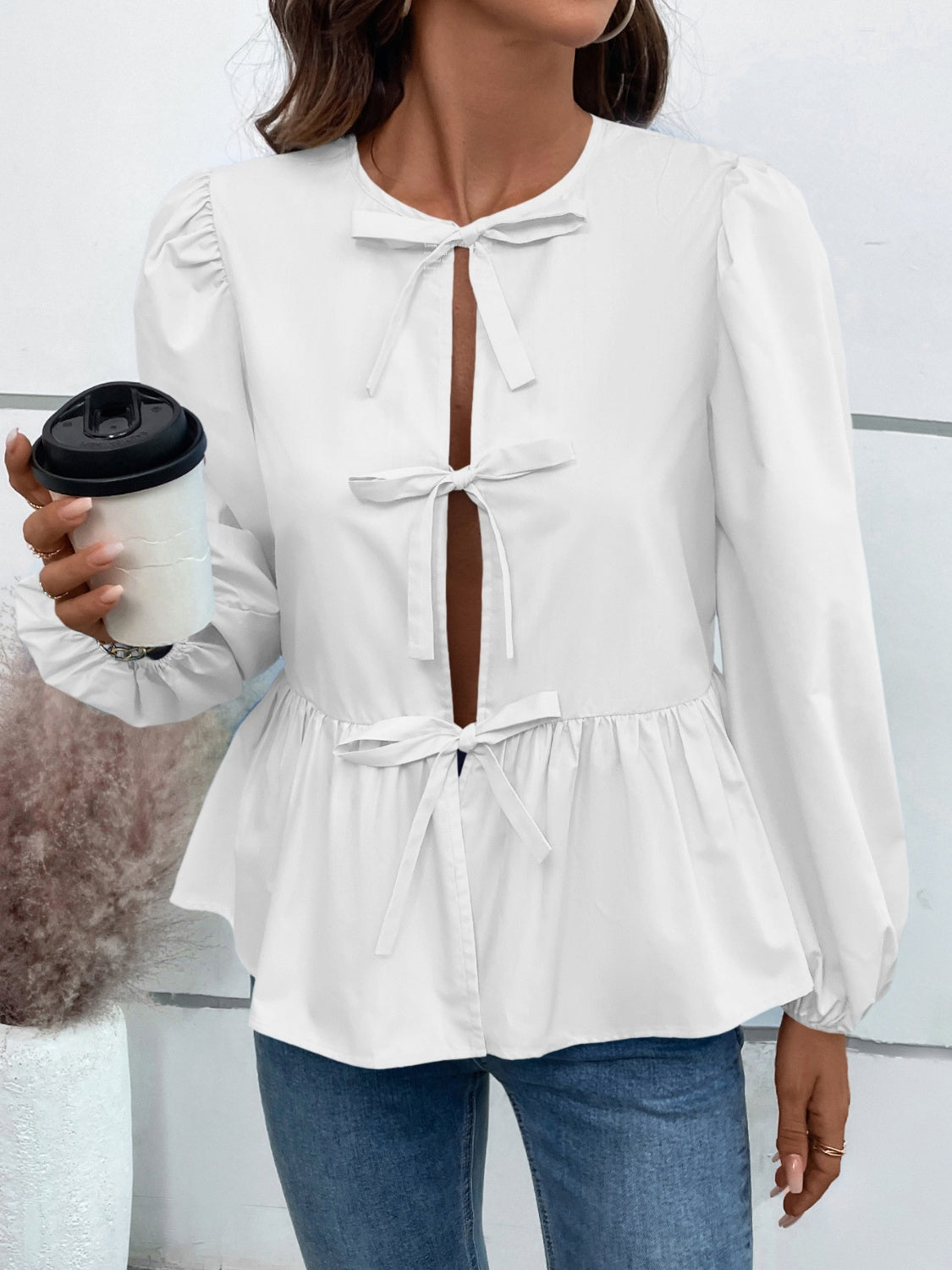 Peplum Tied Long Sleeve Blouse - Charming Charlie