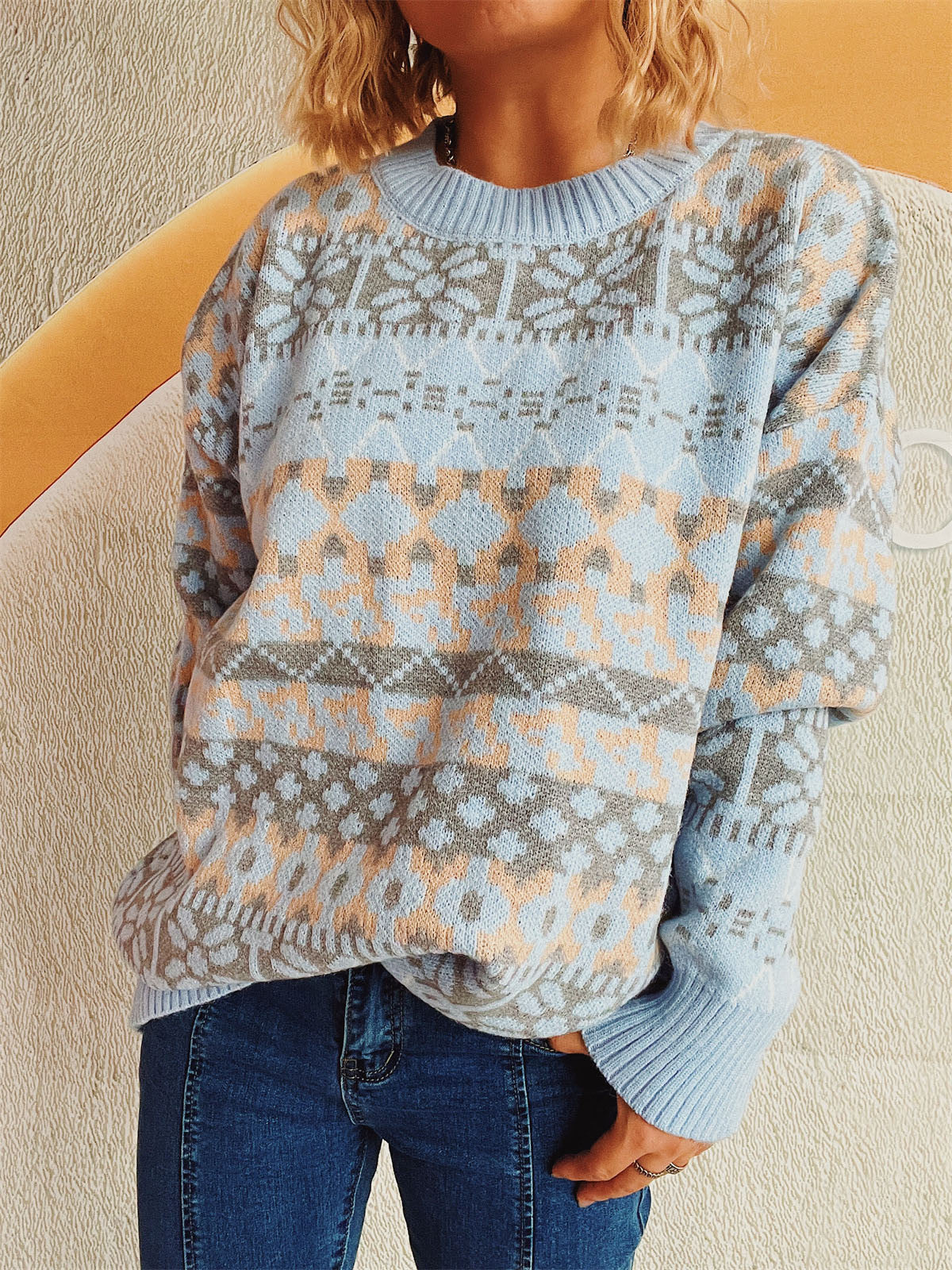 Geometric Round Neck Dropped Shoulder Sweater - Charming Charlie