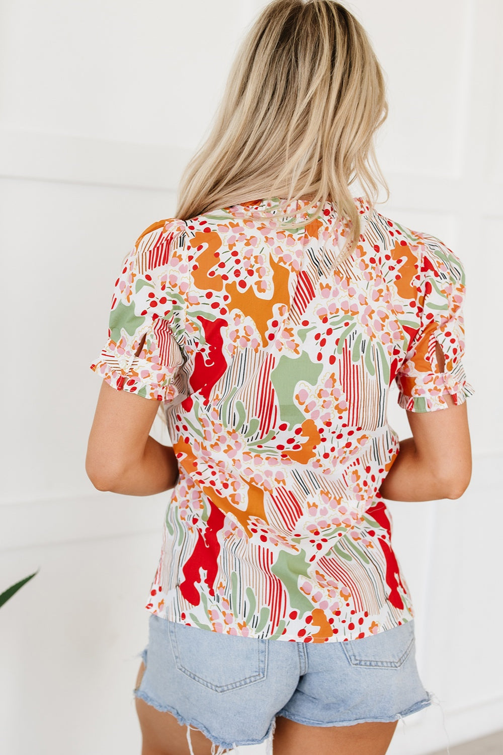Printed Notched Short Sleeve Blouse - Charming Charlie