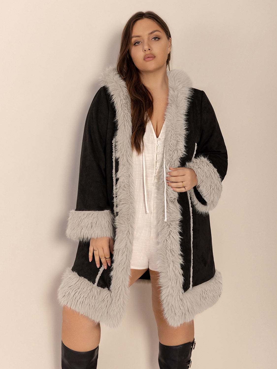 Plus Size Fuzzy Trim Open Front Long Sleeve Hooded Coat - Charming Charlie