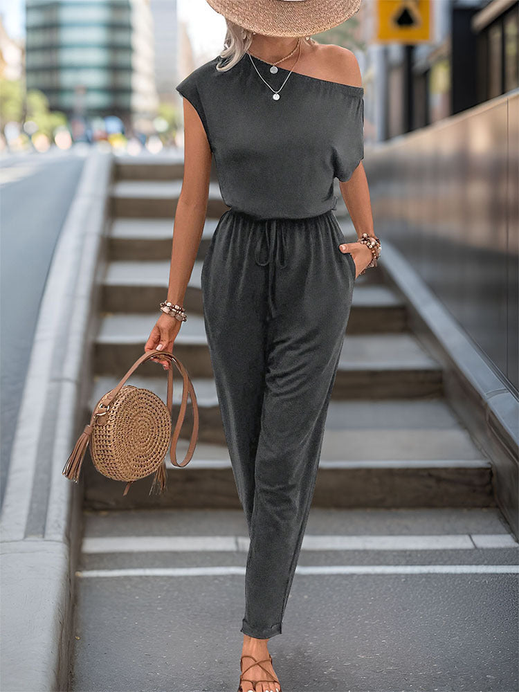 Single Shoulder Short Sleeve Jumpsuit - Charming Charlie