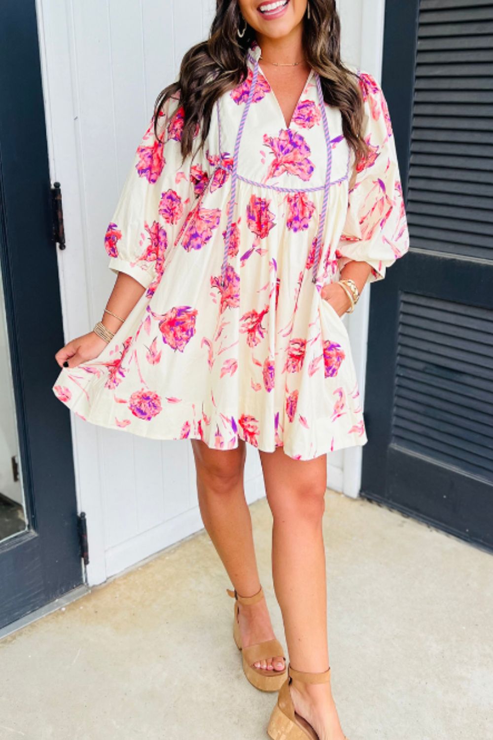 Tied Flower Printed Three-Quarter Sleeve Dress - Charming Charlie