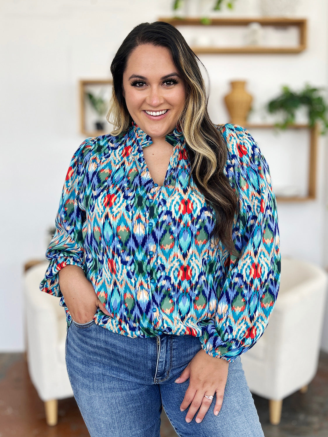 Double Take Full Size Printed Balloon Sleeve Blouse - Charming Charlie