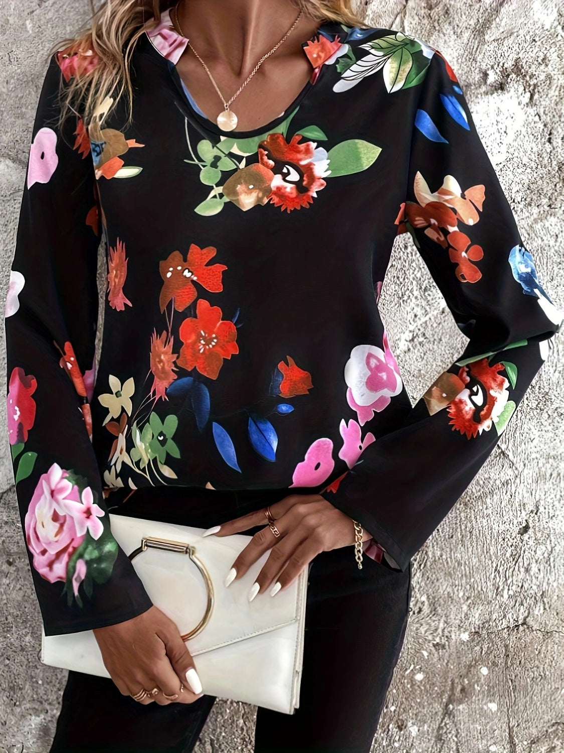 Printed Notched Long Sleeve Blouse - Charming Charlie