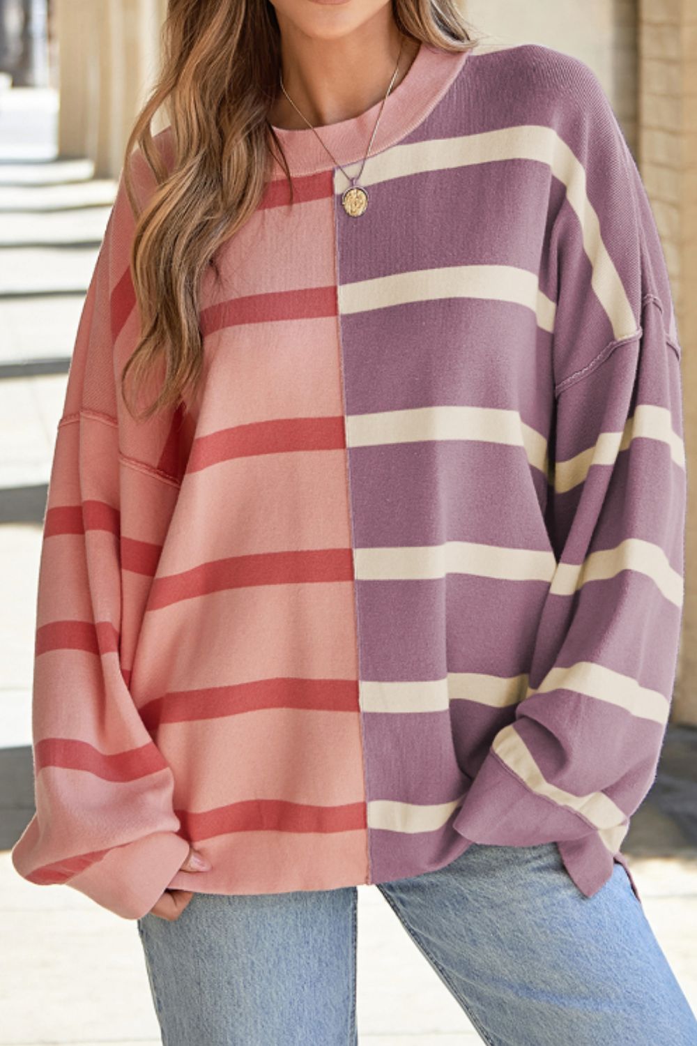 Contrast Striped Long Sleeve Sweatshirt - Charming Charlie