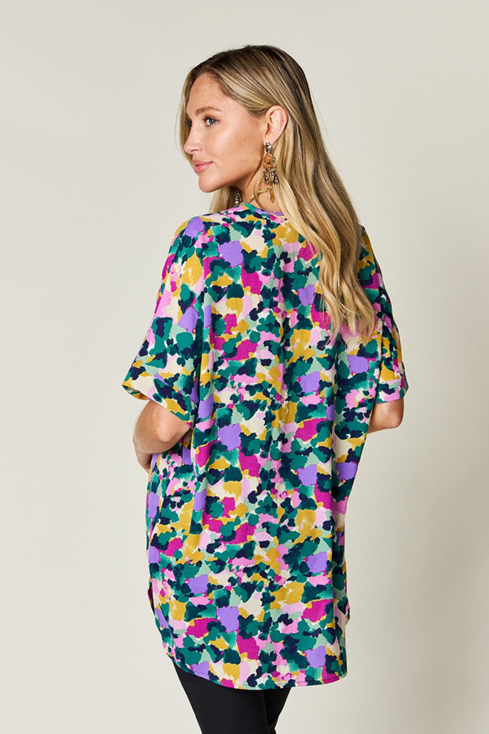 Double Take Full Size Printed V-Neck Short Sleeve Side Slit Top - Charming Charlie