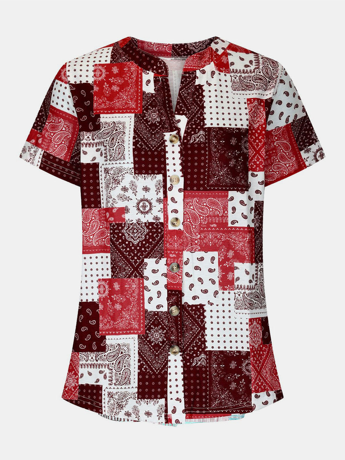 Printed Notched Short Sleeve Blouse - Charming Charlie