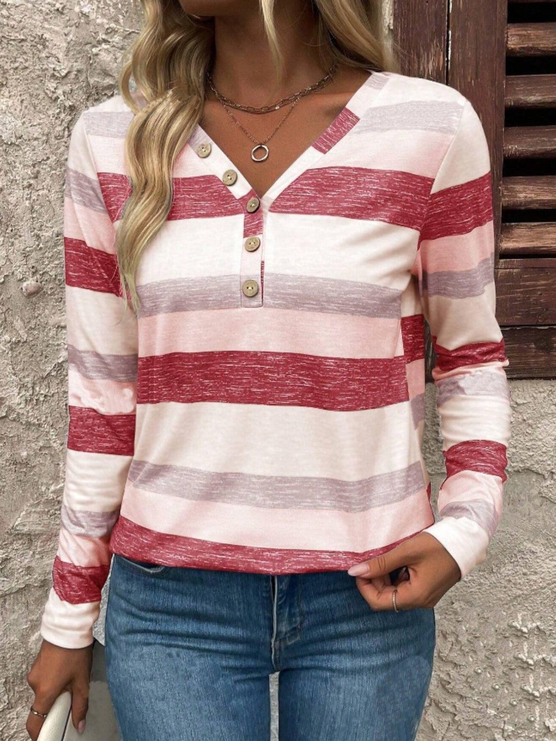 Contrast Striped V-Neck Long Sleeve T-Shirt - Charming Charlie