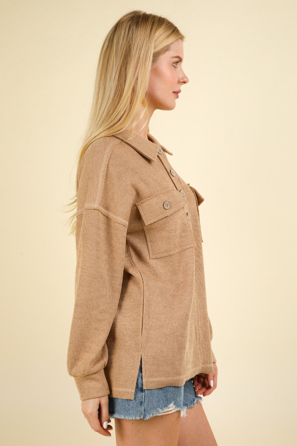 VERY J Collared Half Button Knit Top with Pockets - Charming Charlie