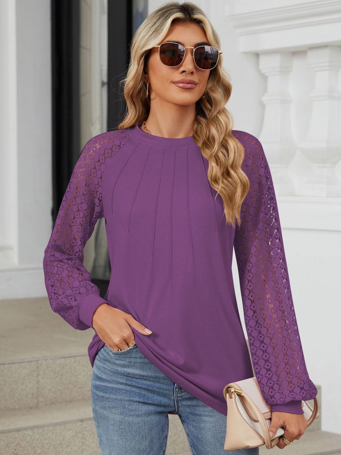 Round Neck Lace Long Sleeve Top - Charming Charlie