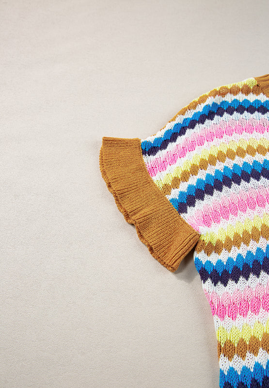 Contrast Round Neck Short Sleeve Sweater - Charming Charlie