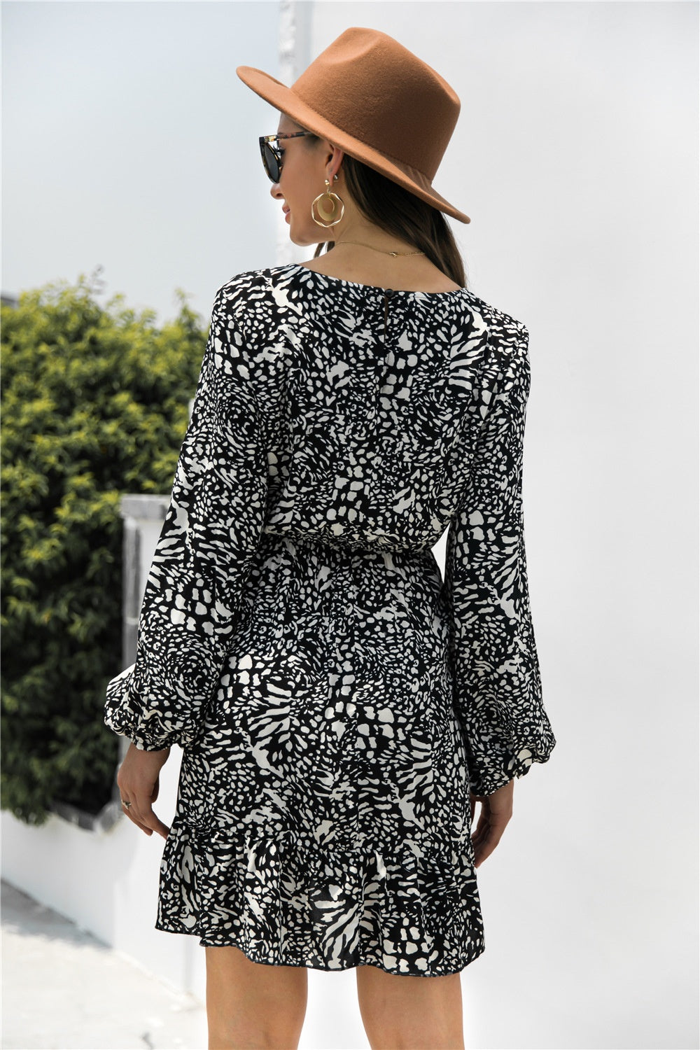 Animal Print Round Neck Balloon Sleeve Mini Dress - Charming Charlie