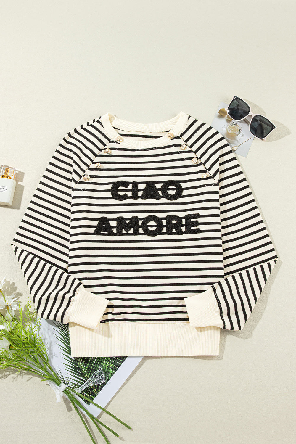 Decorative Button Striped Long Sleeve Sweatshirt - Charming Charlie