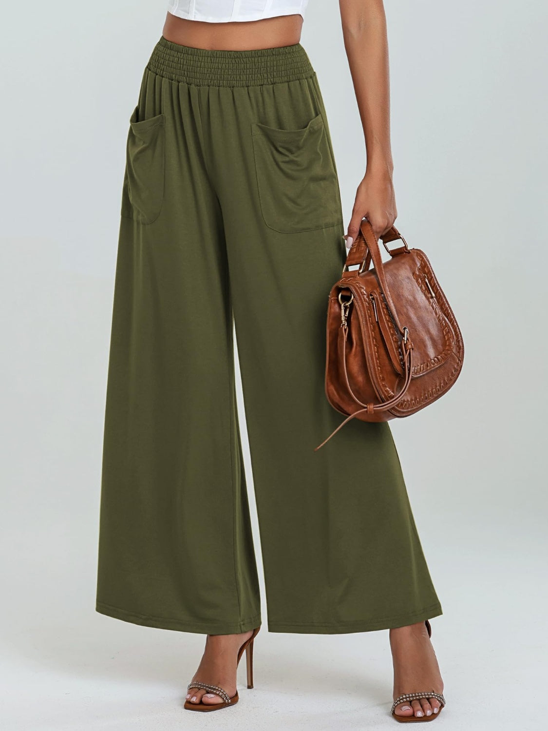Pocketed Elastic Waist Wide Leg Pants - Charming Charlie