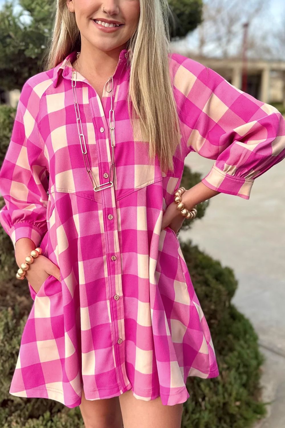 Ruched Plaid Three-Quarter Sleeve Shirt Dress - Charming Charlie