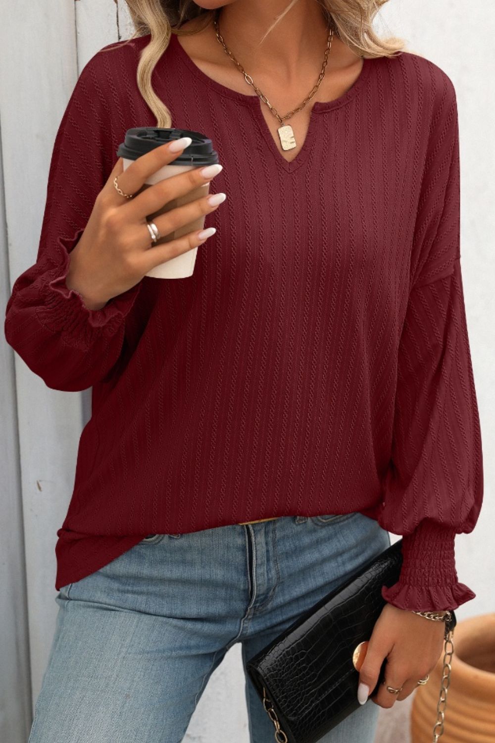 Textured Notched Lantern Sleeve T-Shirt - Charming Charlie