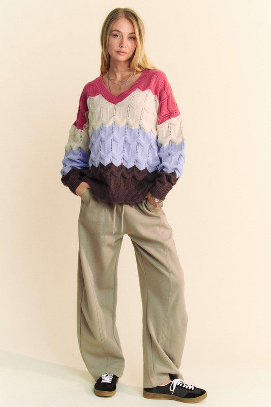 Davi & Dani Wavy Texture Color Block V-Neck Sweater - Charming Charlie