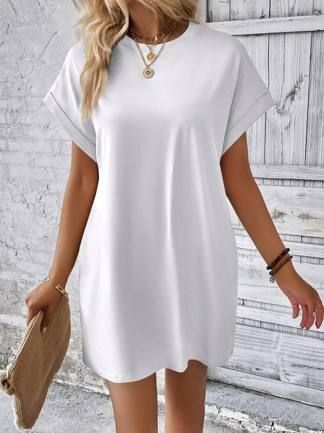Round Neck Short Sleeve Mini Dress - Charming Charlie