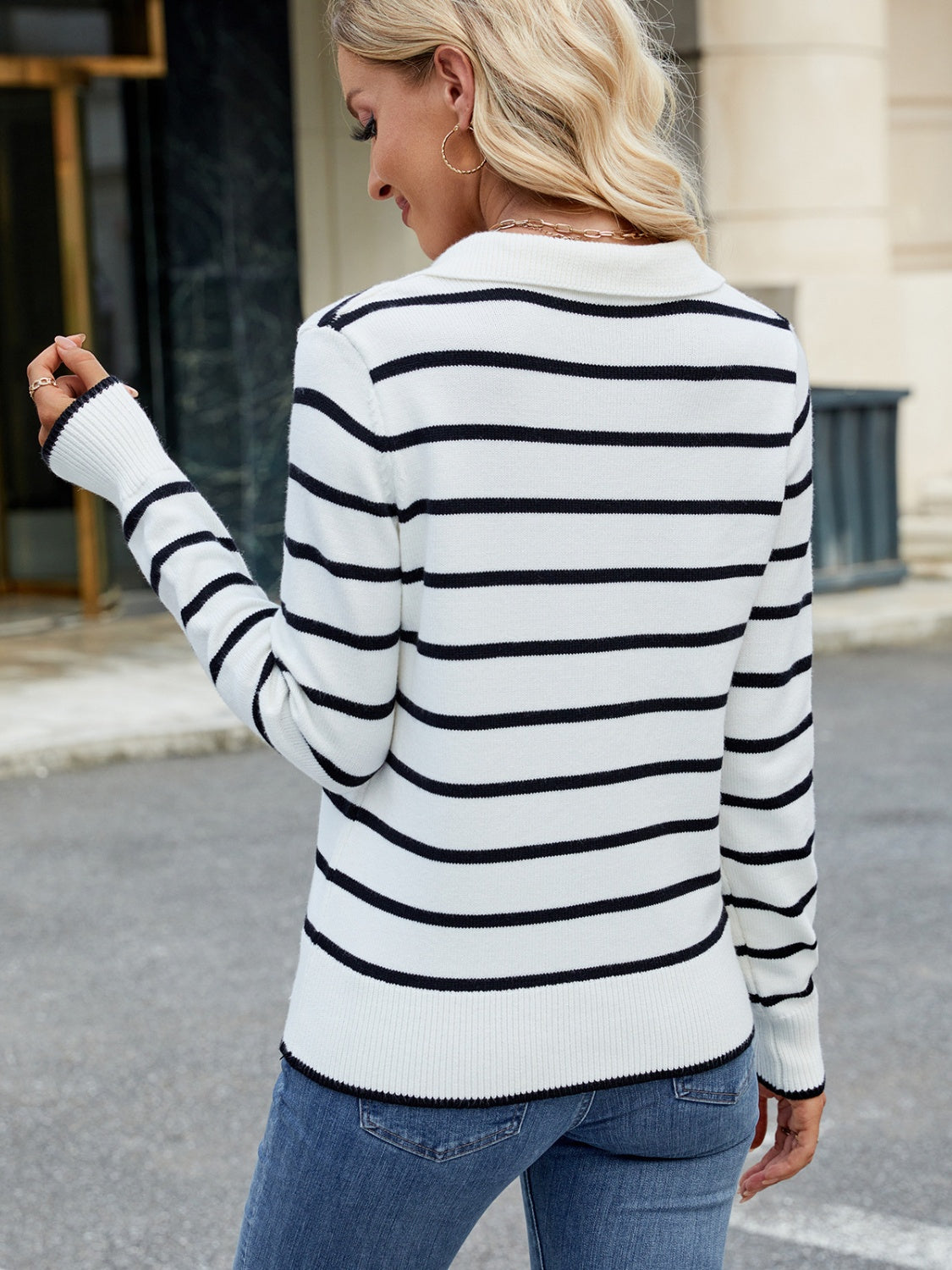 Striped Johnny Collar Long Sleeve Sweater - Charming Charlie