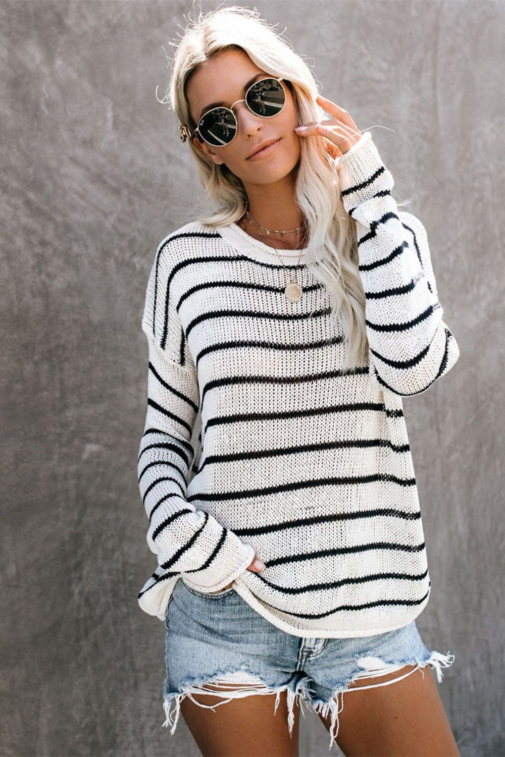 Striped Round Neck Drop Shoulder Sweater - Charming Charlie