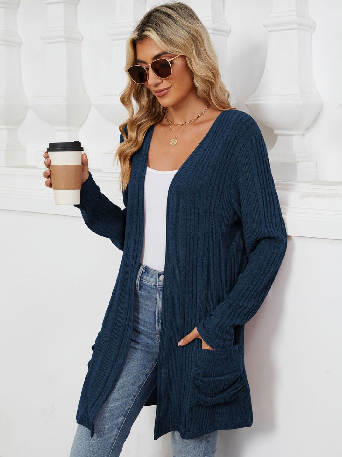 Pocketed Open Front Long Sleeve Cardigan - Charming Charlie