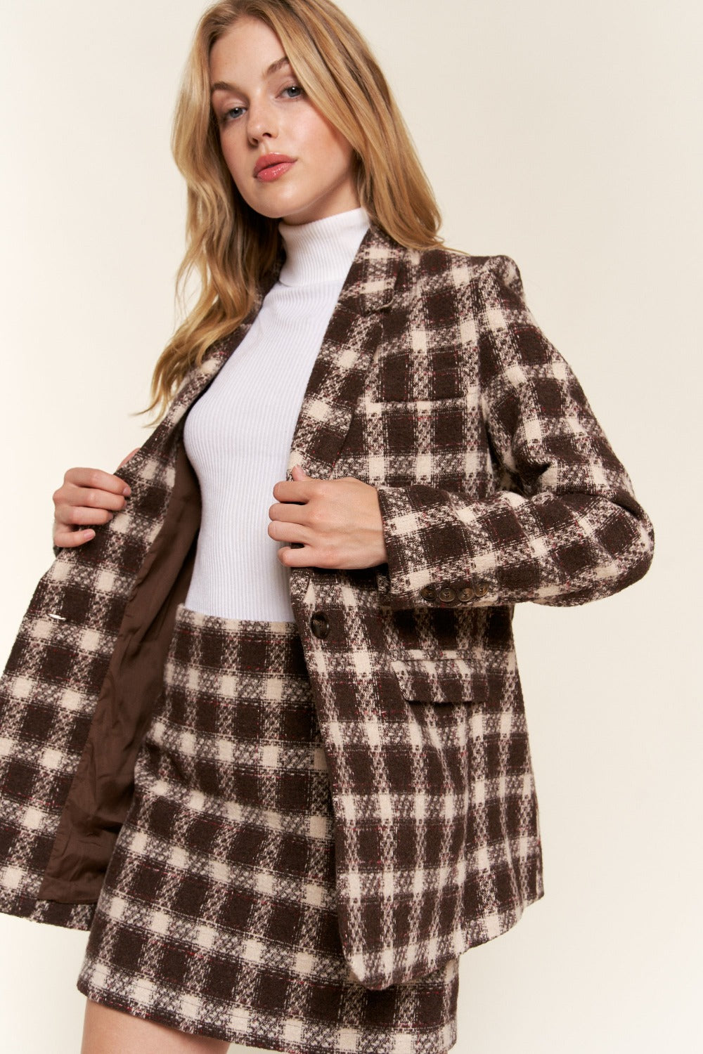 And The Why Full Size Plaid Brushed One Button Blazer - Charming Charlie