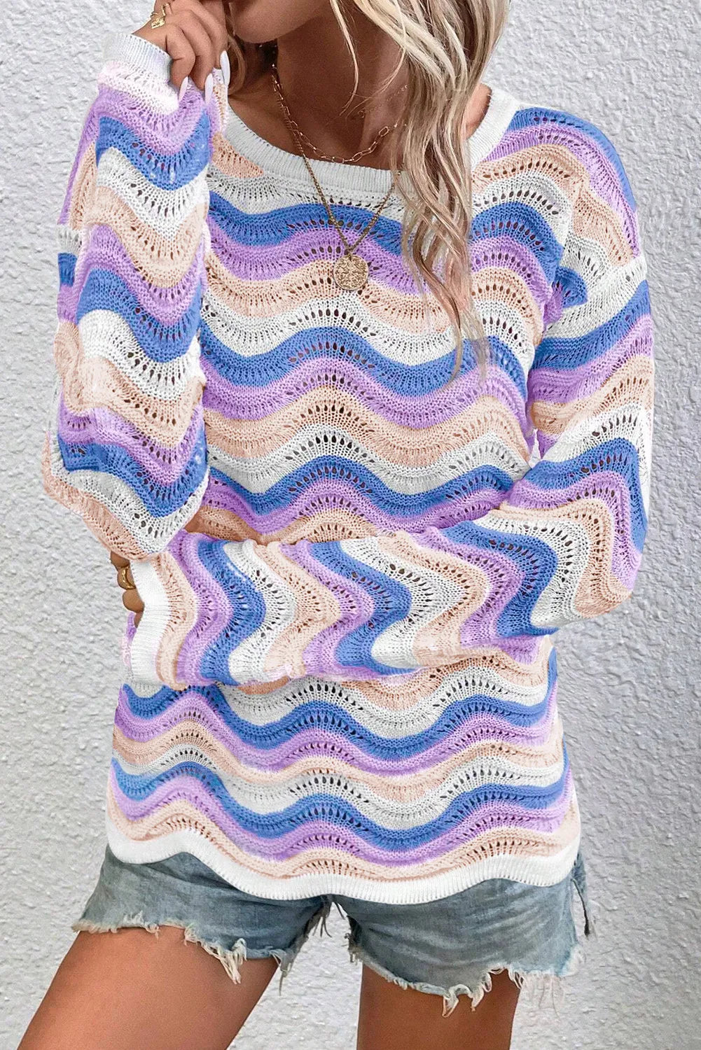 Contrast Wave Stripe Long Sleeve Sweater - Charming Charlie